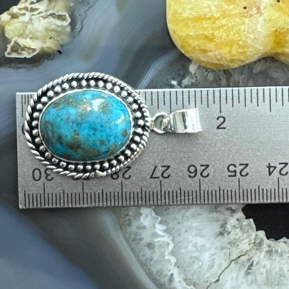 Handmade Tibetan Turquoise Pendant: Sterling Silver Antique  Sterling Silver Southwestern Style Oval Tibetan Turquoise Pendant For Women